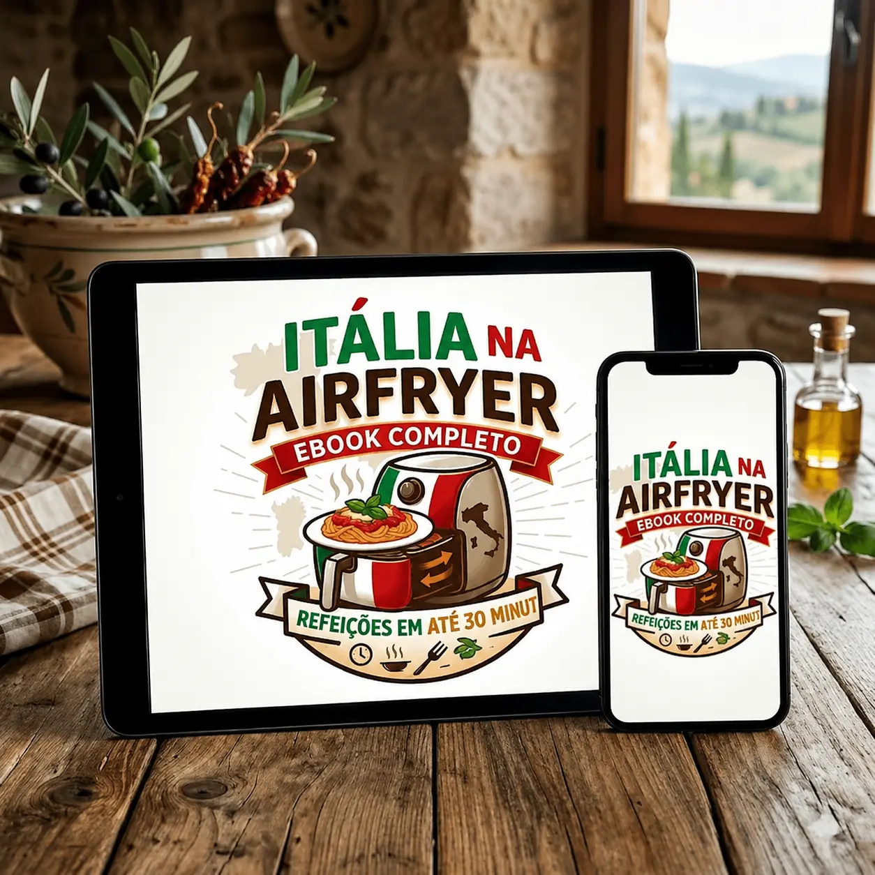 Mockup do Livro Digital A Itália na Air Fryer em tablet, smartphone e livro impresso