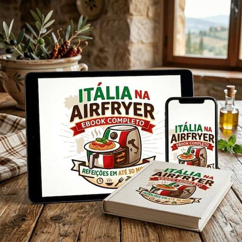 Mockup do Livro Digital A Itália na Air Fryer em tablet, smartphone e livro impresso